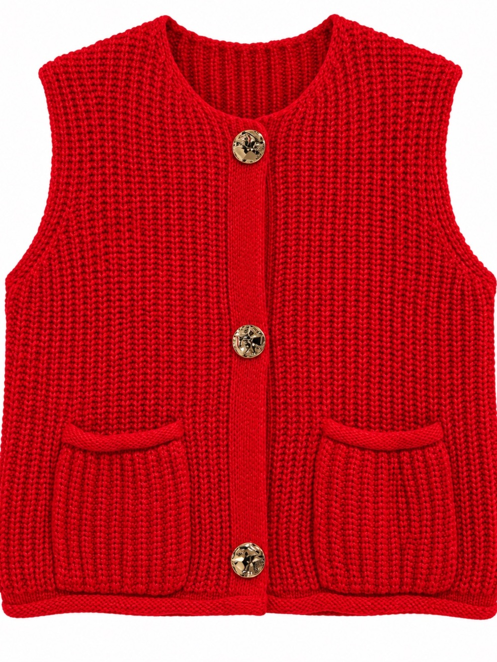 Red Chunky Knit Sweater Vest Gold Buttons Pockets Size M